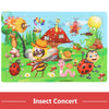 A colorful wooden insect concert puzzle featuring various animals like ladybugs, bees, and butterflies on a green background.