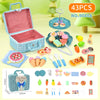 A set of 43 pretend play picnic and tea party items including food, cups, and accessories for children.