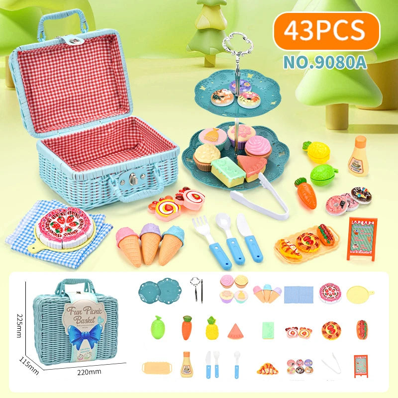 A set of 43 pretend play picnic and tea party items including food, cups, and accessories for children.