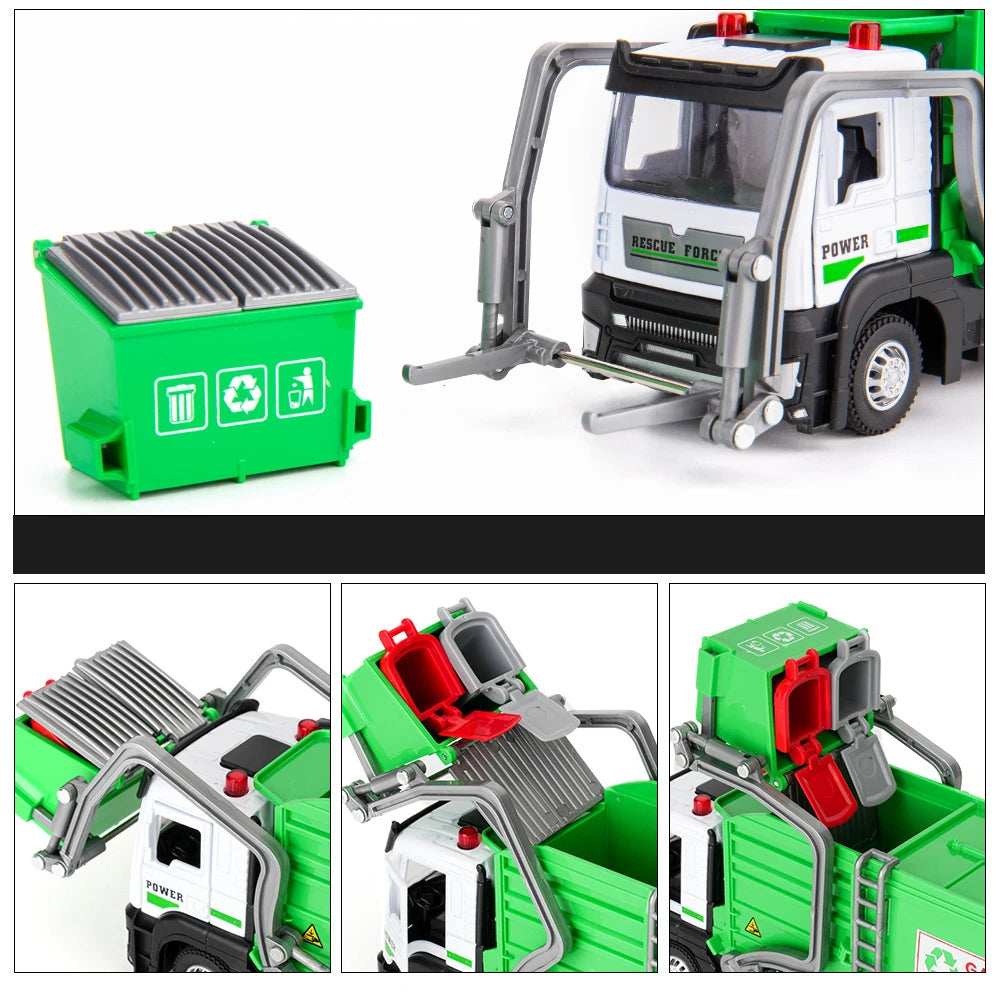 A detailed 1:32 scale rescue force garbage collection truck model car with various attachments and accessories.