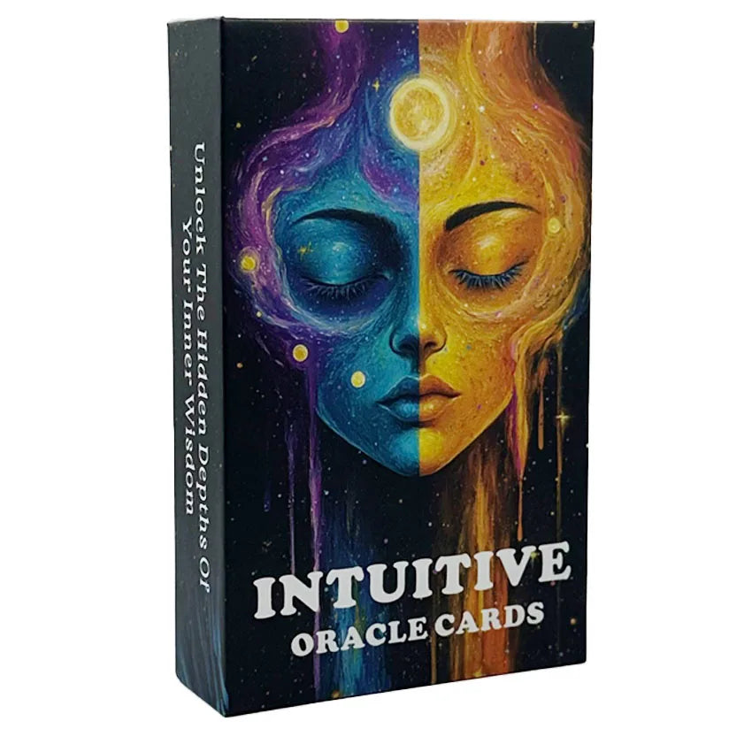 A box of Intuitive Oracle Cards featuring a split face design with purple and yellow tones.