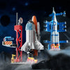 A 107-piece space rocket building blocks set featuring a launch center and an orange rocket model against a dark background.