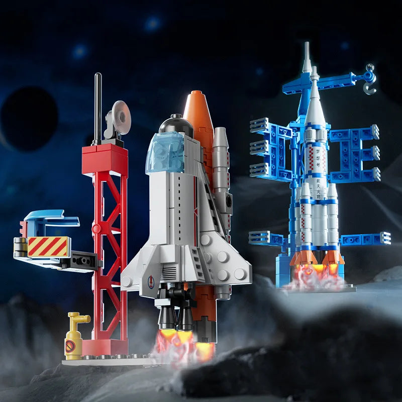 A 107-piece space rocket building blocks set featuring a launch center and an orange rocket model against a dark background.