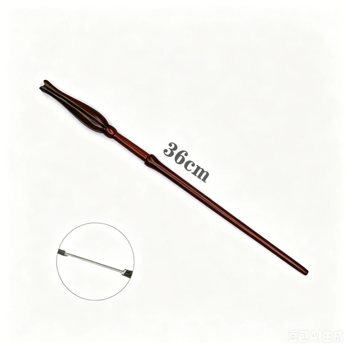 A long, slender, dark brown metal wand with a pointed tip, shown next to a circular view of its handle.