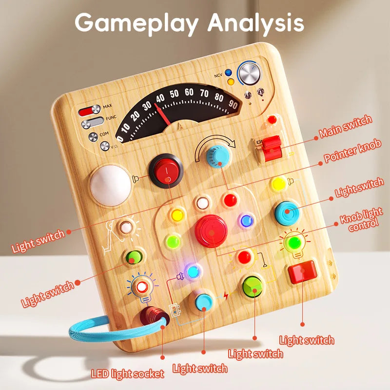 A wooden gameplay analysis board featuring various switches, knobs, and light switches for interactive play.