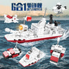 A set of 6 indestructible destroyer building blocks featuring a police helicopter and SWAT carrier vehicle models on water.