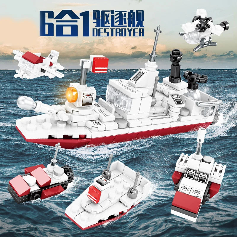 A set of 6 indestructible destroyer building blocks featuring a police helicopter and SWAT carrier vehicle models on water.