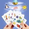Hands holding a deck of Animal Memory Match Cards with a bee and an owl visible against a blue background.