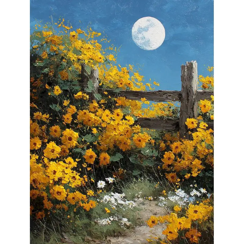 An oil painting depicting a field of bright yellow sunflowers against a blue sky with a large white moon.