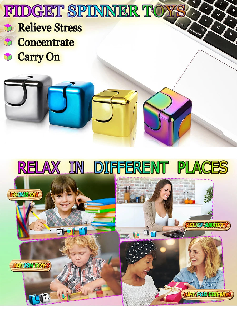 Cube de alliage coloré, jouet anti-stress pour les doigts, utilisé dans divers contextes et moments de détente.