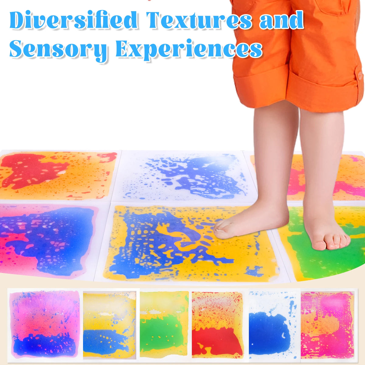 A child's feet are shown interacting with a colorful liquid sensory play mat featuring various textures and colors.