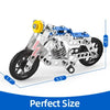 A metal building motorcycle construction kit featuring silver and blue components with yellow accents.