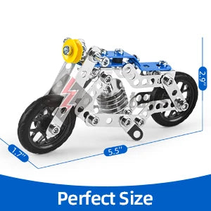 A metal building motorcycle construction kit featuring silver and blue components with yellow accents.