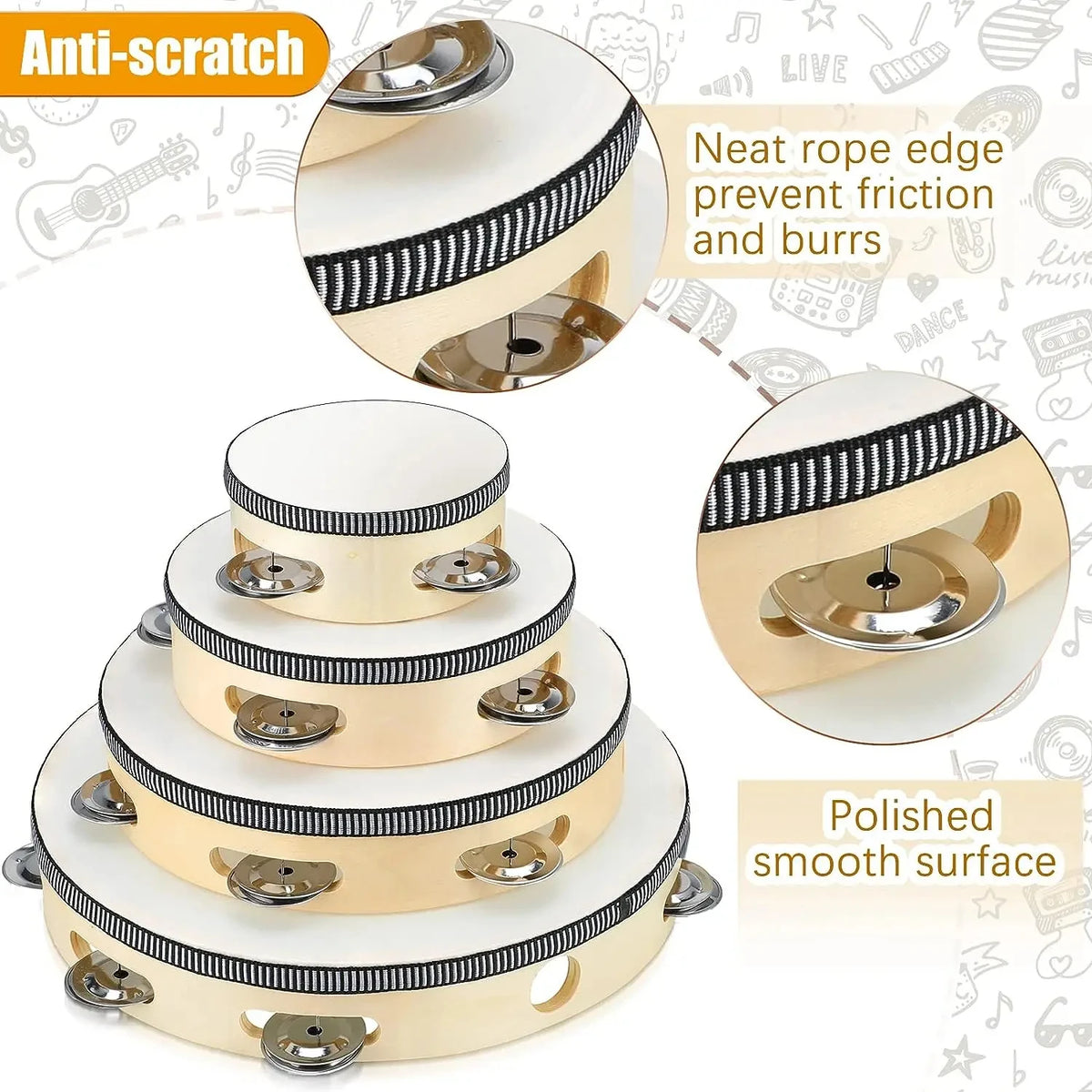 A stack of wooden tambourines with metal jingles, showing a close-up view of the smooth surface and edge protection.
