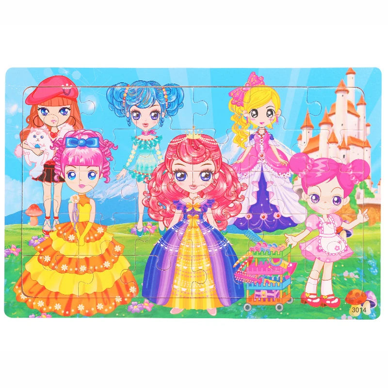A 30-piece wooden jigsaw puzzle featuring several colorful anime-style female characters.