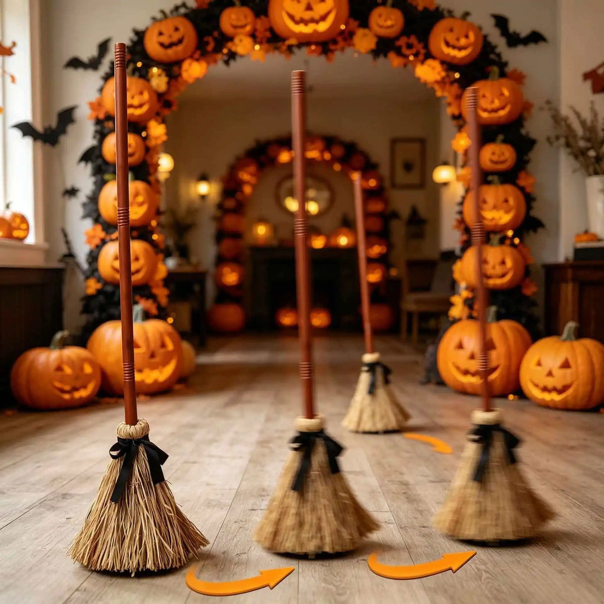 Animated witch broom with sound and green LED glow resting on a wooden floor in a Halloween decorated archway.