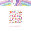 A collection of 30 photo props including unicorn themed items like crowns, horns, and colorful candies for a party.