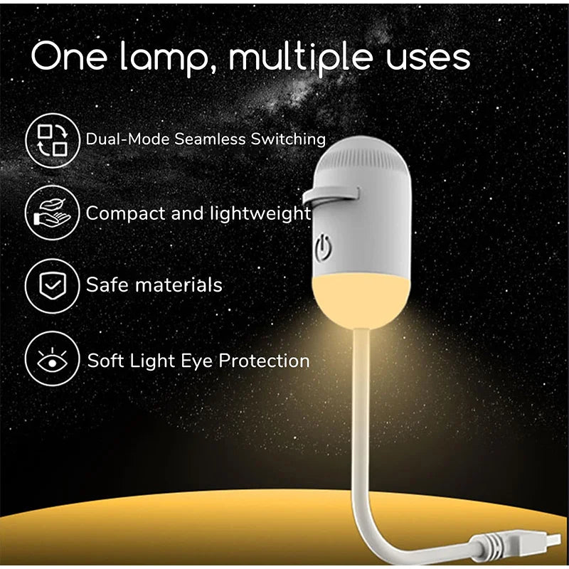 A white lamp with a flexible cord is shown illuminating a golden surface against a dark, starry background.