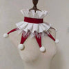 A handmade clown ruff collar featuring white fabric, red ribbon, and white pom-pom trim displayed on a mannequin.