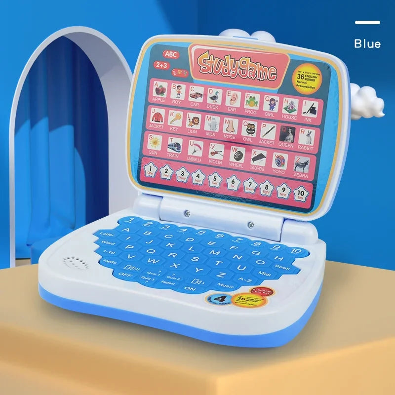 A blue educational laptop toy for kids showing letters and numbers on a screen.