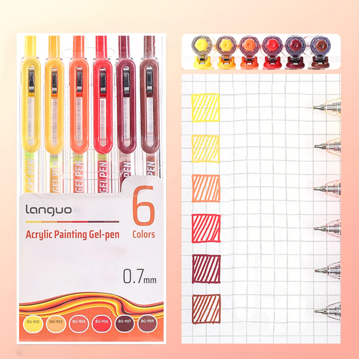 A pack of six Languo acrylic painting gel-pens with 0.7mm tips shown alongside a grid for practice.