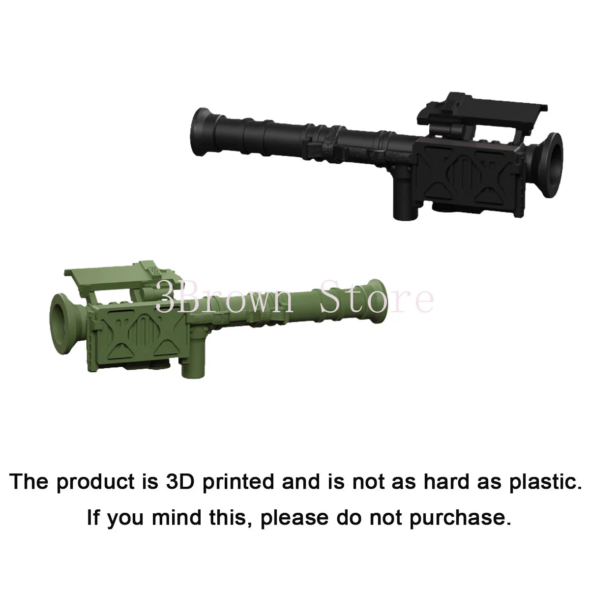 A 3D printed military building block set featuring a gun and helmet accessories.