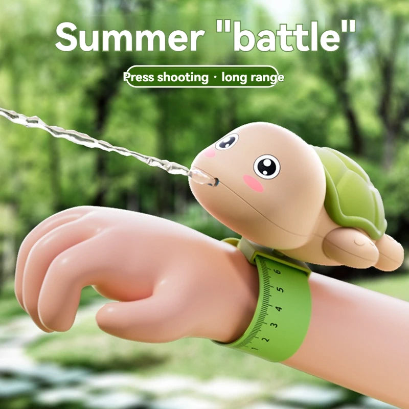 A hand is holding a turtle-shaped water gun, ready to shoot water in a summer battle setting.
