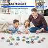 A collection of colorful mini pull-back race cars for kids scattered on a white surface.