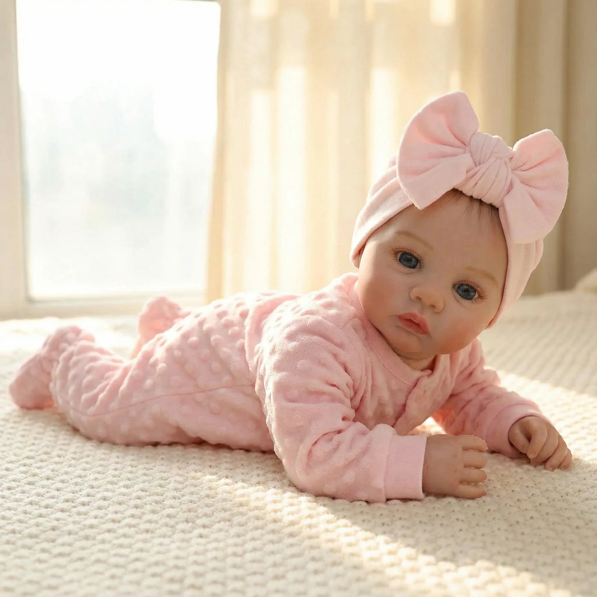 A baby doll wearing a pink knitted outfit and bow, lying on a light-colored surface near a window.
