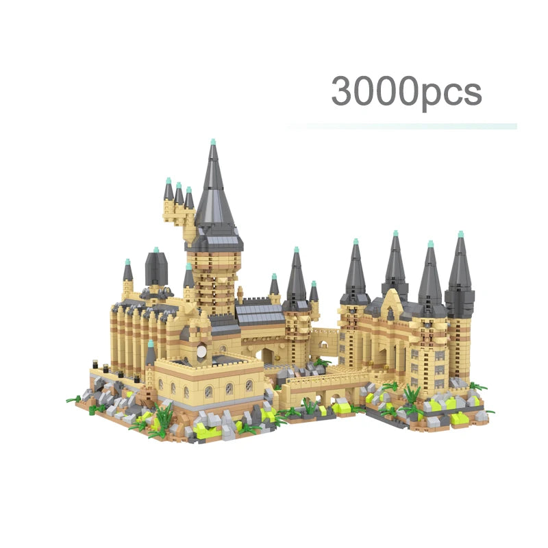 A set of 3000 pieces building a detailed medieval castle structure out of tan and gray blocks.