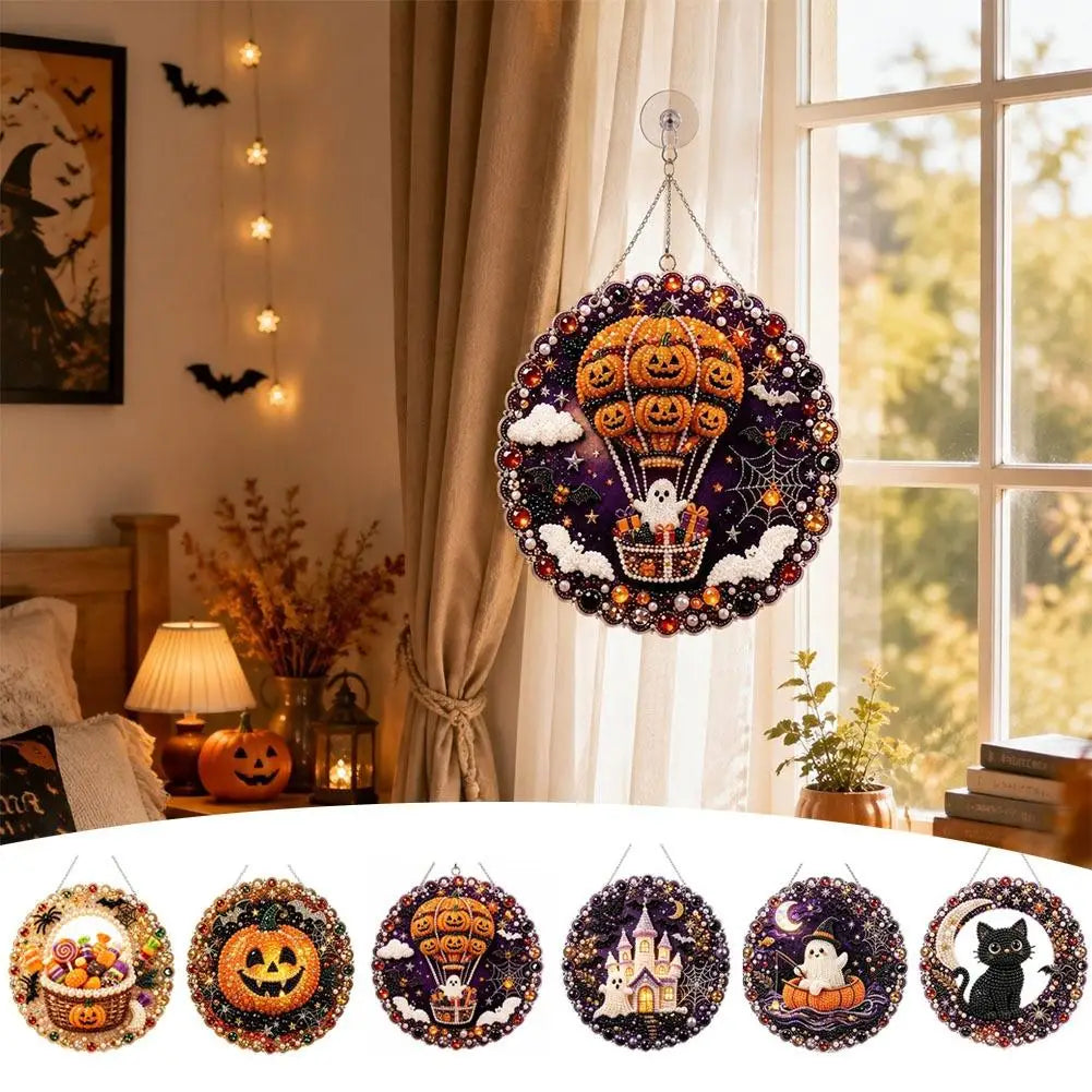 A collection of eight Halloween diamond painting hanging ornaments featuring pumpkins, bats, and spooky figures.