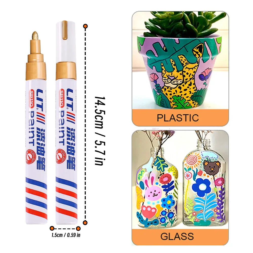Set of permanent paint markers in plastic and glass for rubber, fabric, and metal painting