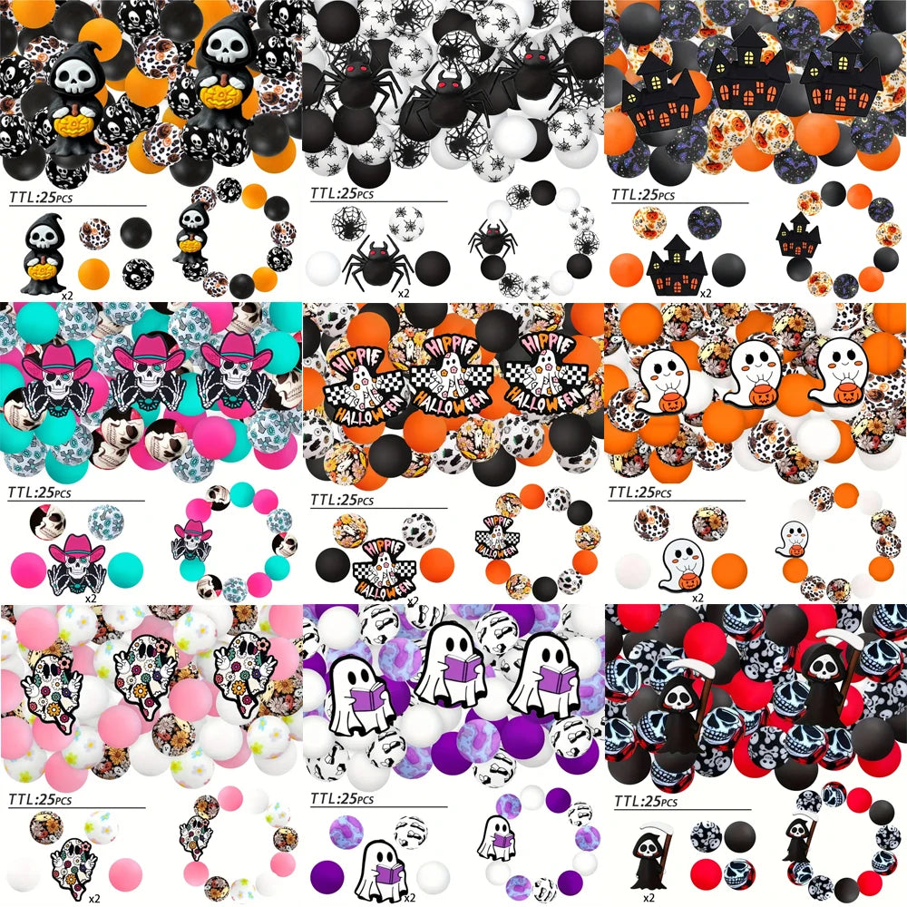 A collection of Halloween silicone beads and charms in various colors and designs for jewelry making and crafting.