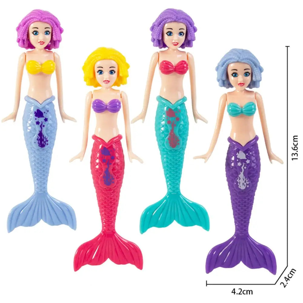 A set of four mermaid dive toys featuring different colored hair and scales for pool fun.