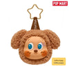 A fluffy brown teddy bear shaped earbud case cover with large eyes and a gold hanger.
