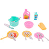A set of mini dollhouse cleaning and medical accessories including a pink bottle, green cup, and various silver spoons and to