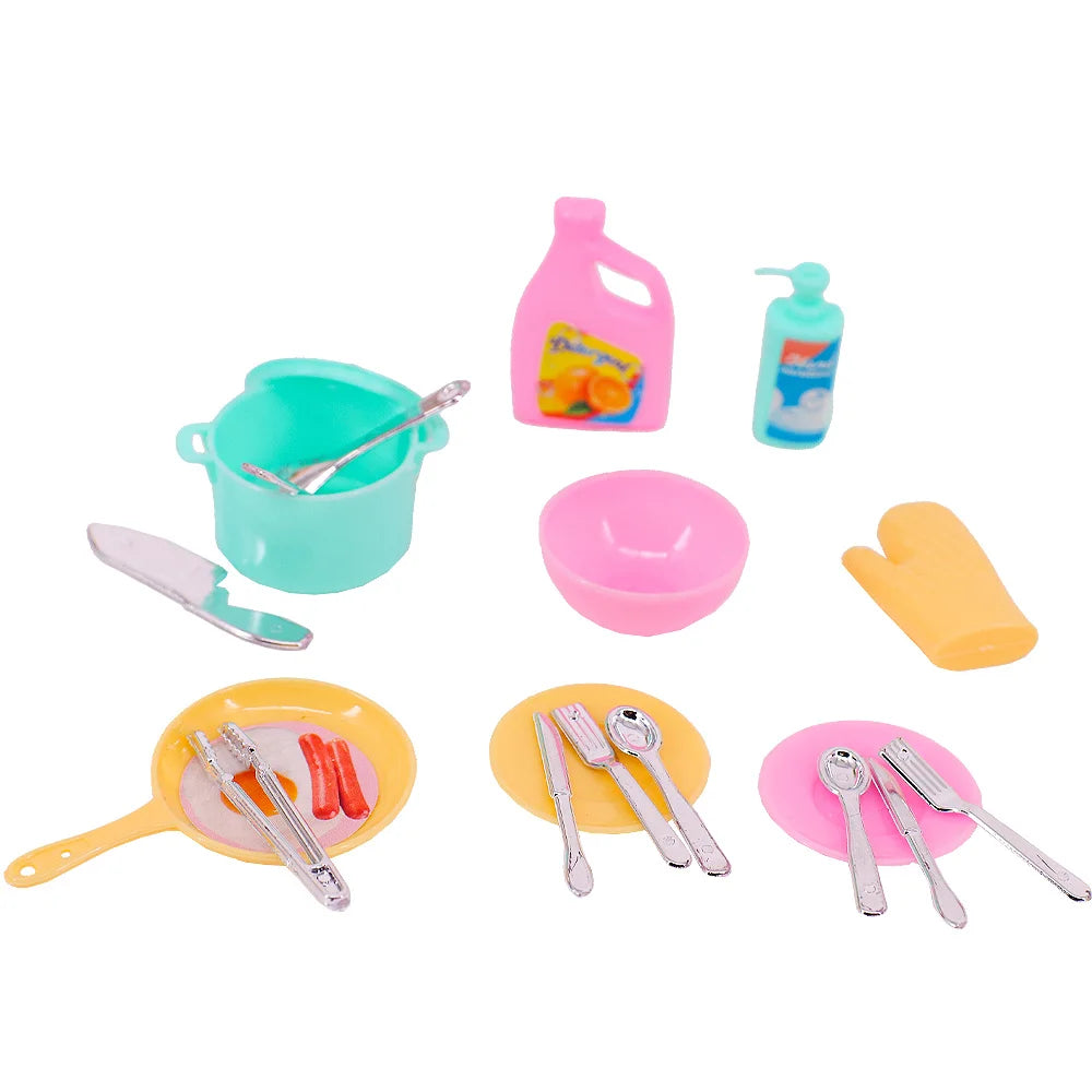 A set of mini dollhouse cleaning and medical accessories including a pink bottle, green cup, and various silver spoons and to