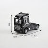 A black 1:50 scale diecast container truck with pull-back action, featuring sound and light effects.