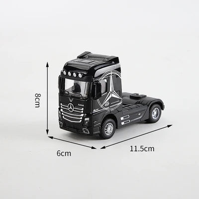 A black 1:50 scale diecast container truck with pull-back action, featuring sound and light effects.