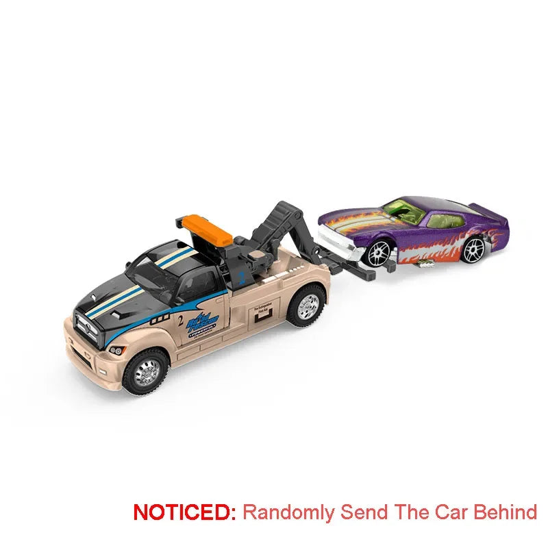 A die-cast metal container trailer truck set with pull-back action featuring a black and tan cab and a purple pickup truck.