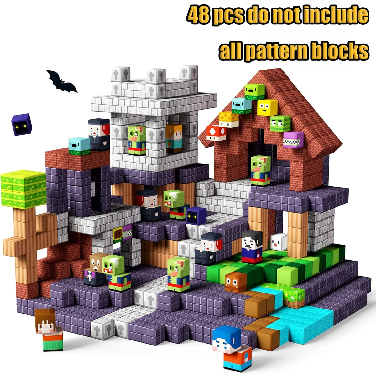 A set of building blocks featuring various figures and structures, with a note stating that 48 pieces do not include all patt