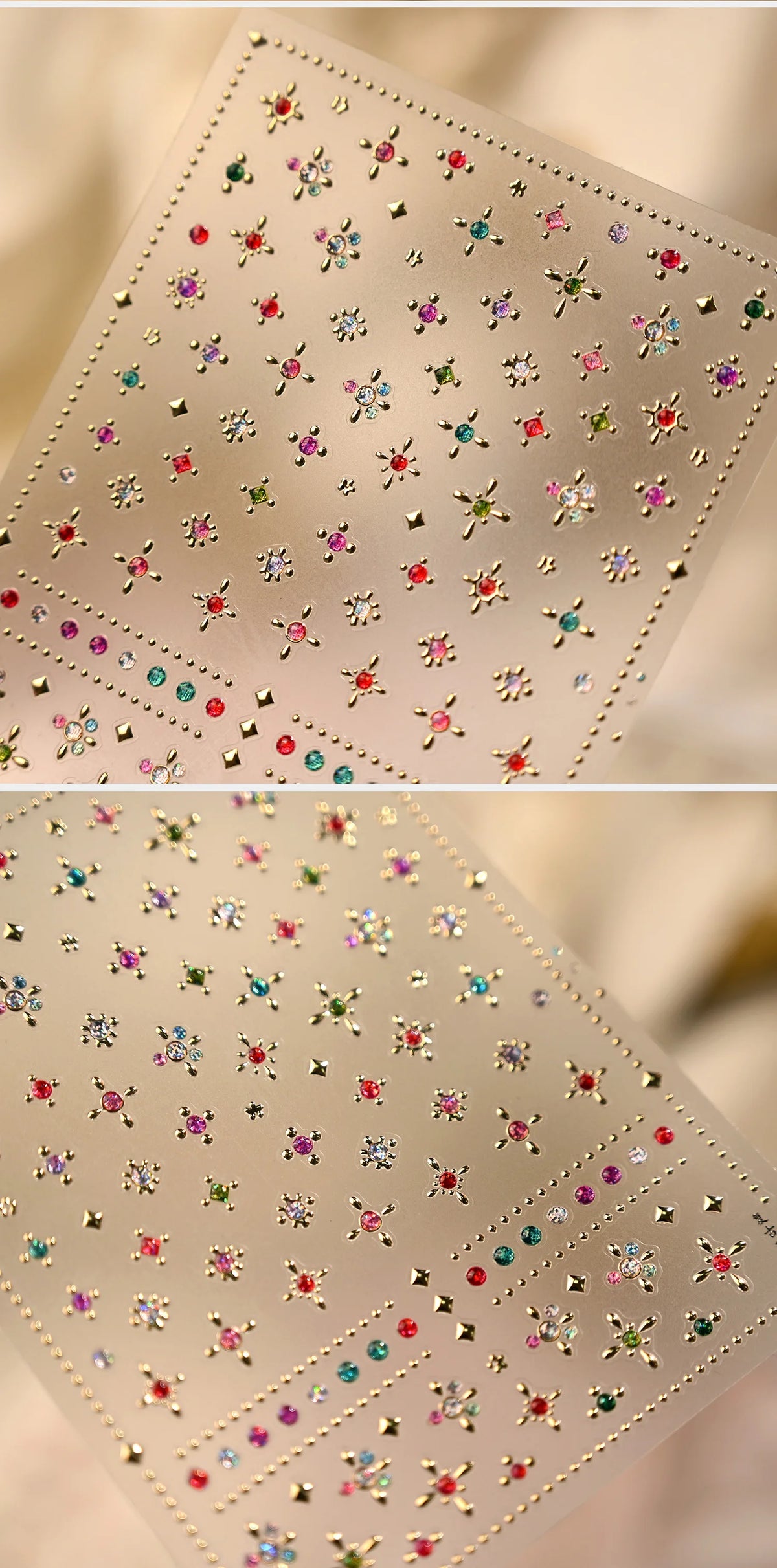 Close-up of sparkling 5D diamond nail art stickers on a translucent sheet with gold accents.