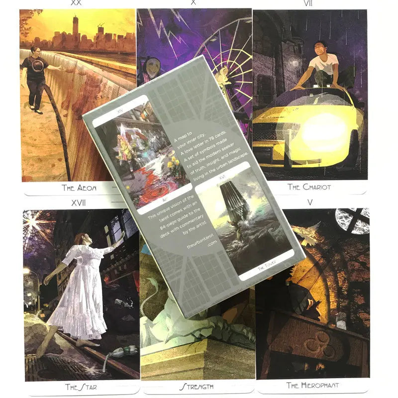 A collection of Urban Tarot cards featuring various mystical scenes and figures.