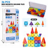 A set of 36 mini magnetic building tiles in various colors and shapes displayed next to their storage tin box.