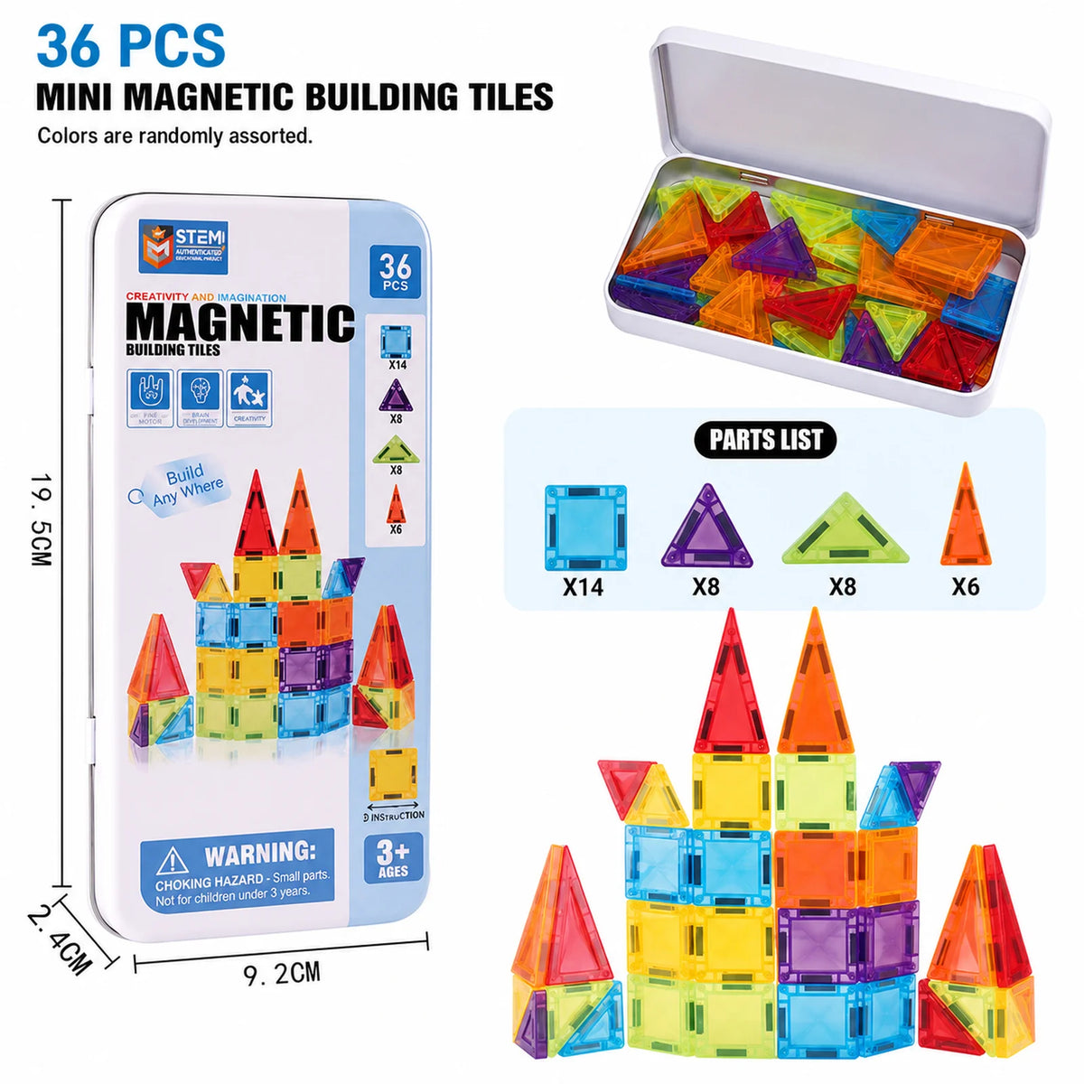 A set of 36 mini magnetic building tiles in various colors and shapes displayed next to their storage tin box.