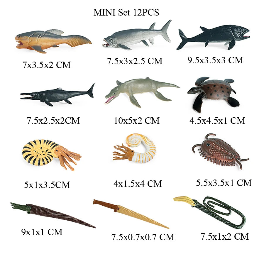 A set of mini ocean animal figurines including a whale, shark, dolphin, turtle, and penguin.