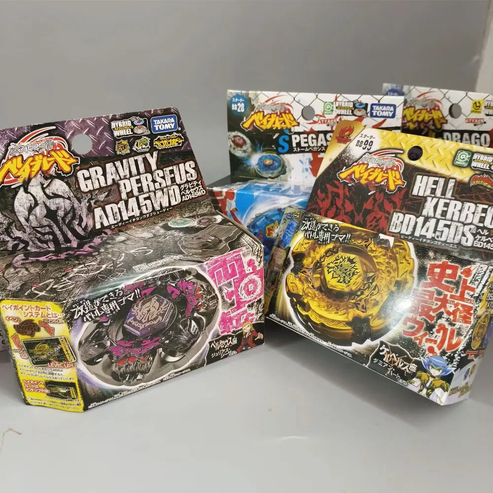 A collection of Gravity Perseus toys and related products from Takara Tomy displayed in packaging.