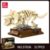 A model of a T-Rex fossil dinosaur skeleton built from light beige plastic building blocks.