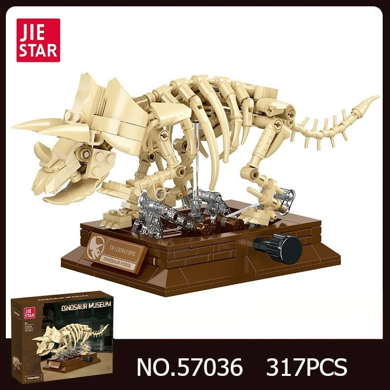 A model of a T-Rex fossil dinosaur skeleton built from light beige plastic building blocks.