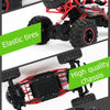 A red and black 4WD off-road monster truck with large tires and a high quality chassis.
